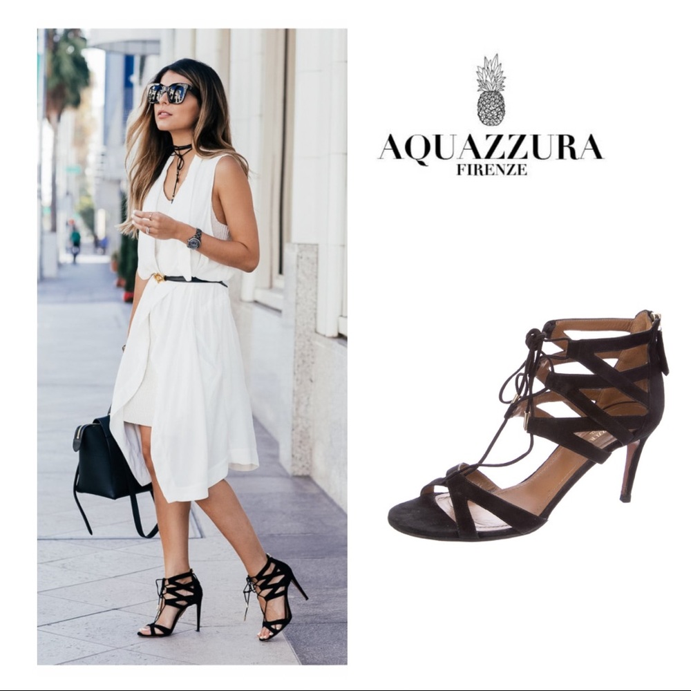 AQUAZZURA Suede Gladiator Sandals Heels Black Wedding Guest